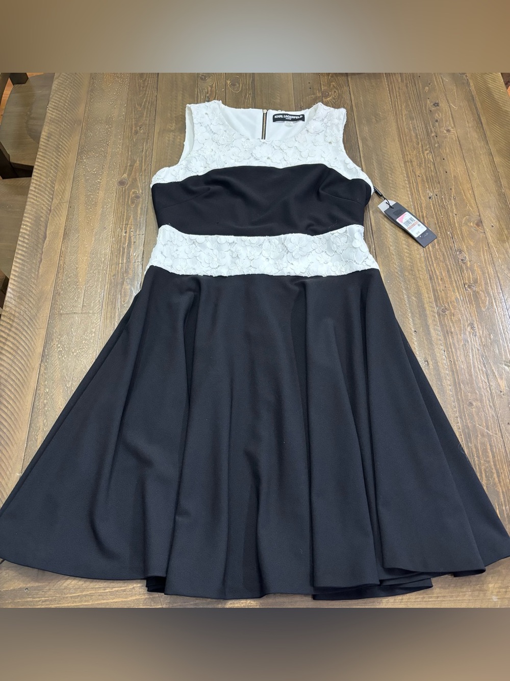 Karl Lagerfeld NWT Black and White Lace-Panel Fit & Flare Dress